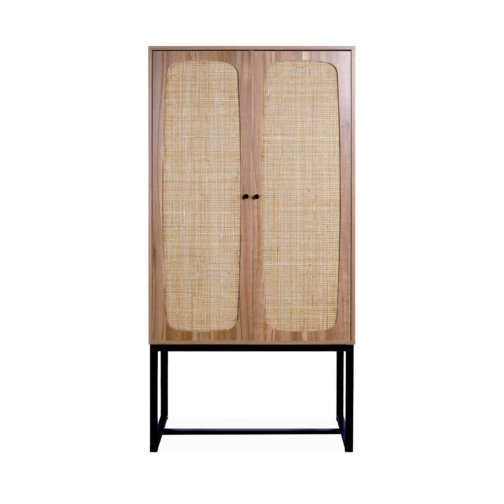 Buffet rétro décor bois foncé et cannage 2 portes avec pieds en métal noir H165cm