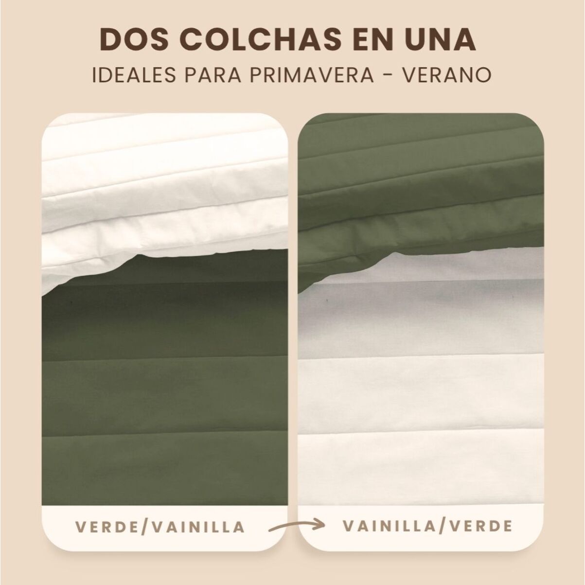 Naturals - Colcha Bouti - Lisa - Reversible - 100% Microfibra - 70 gr/m² - Verde/Vainilla
