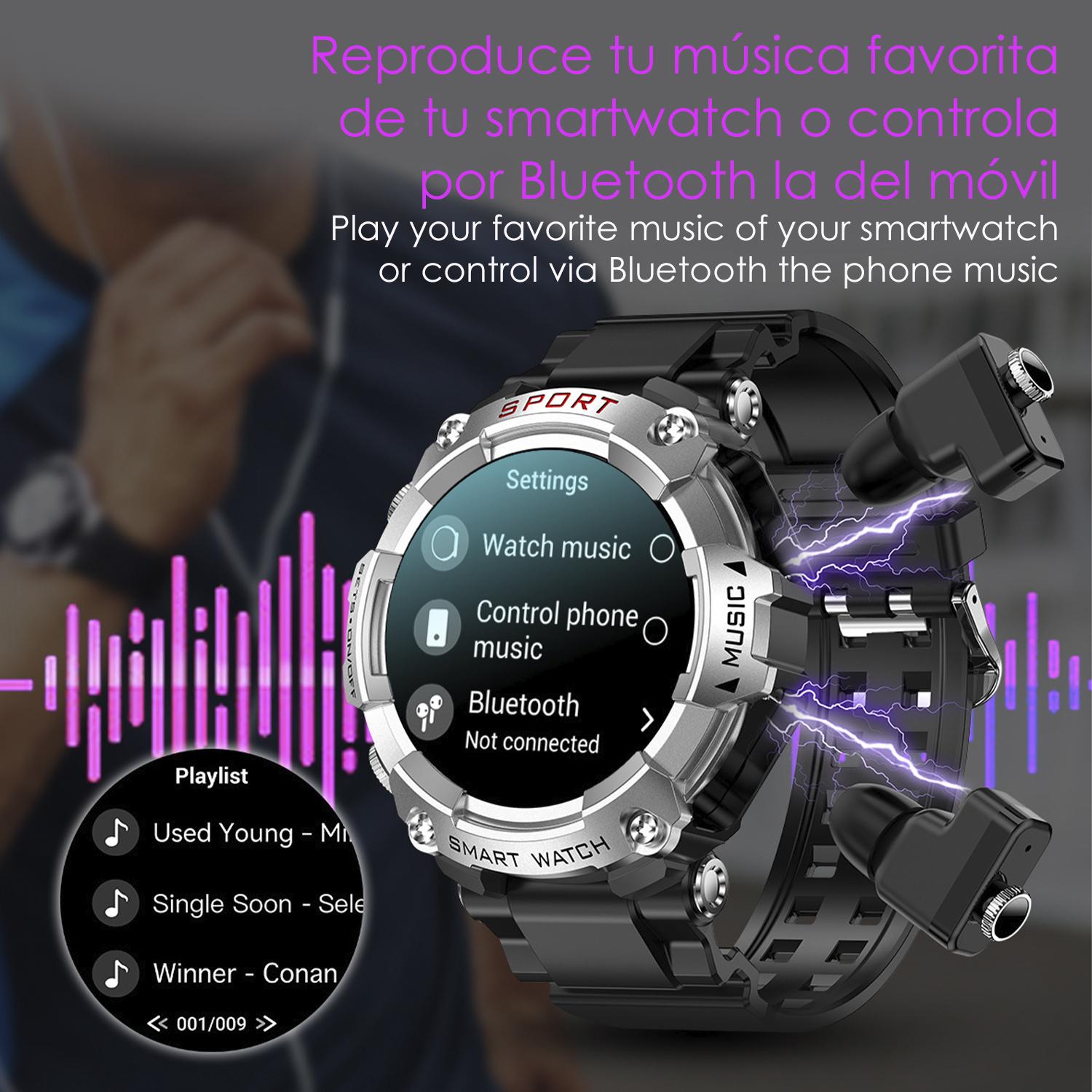 DAM Smartwatch T96 con auriculares TWS intergados. Reproducción musical del propio smartwatch y externa. Funciones deportivas y salud. 5,3x1,6x5,3 Cm. Color: Negro