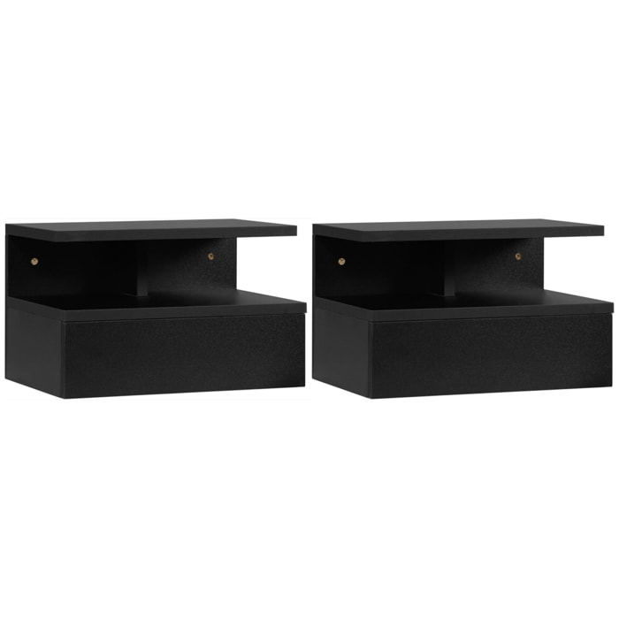 HOMCOM Set de 2 Mesitas de Noche Flotantes con 1 Cajón y Estante Abierto Diseño Moderno Montado en la Pared 35x32x22,5 cm Negro