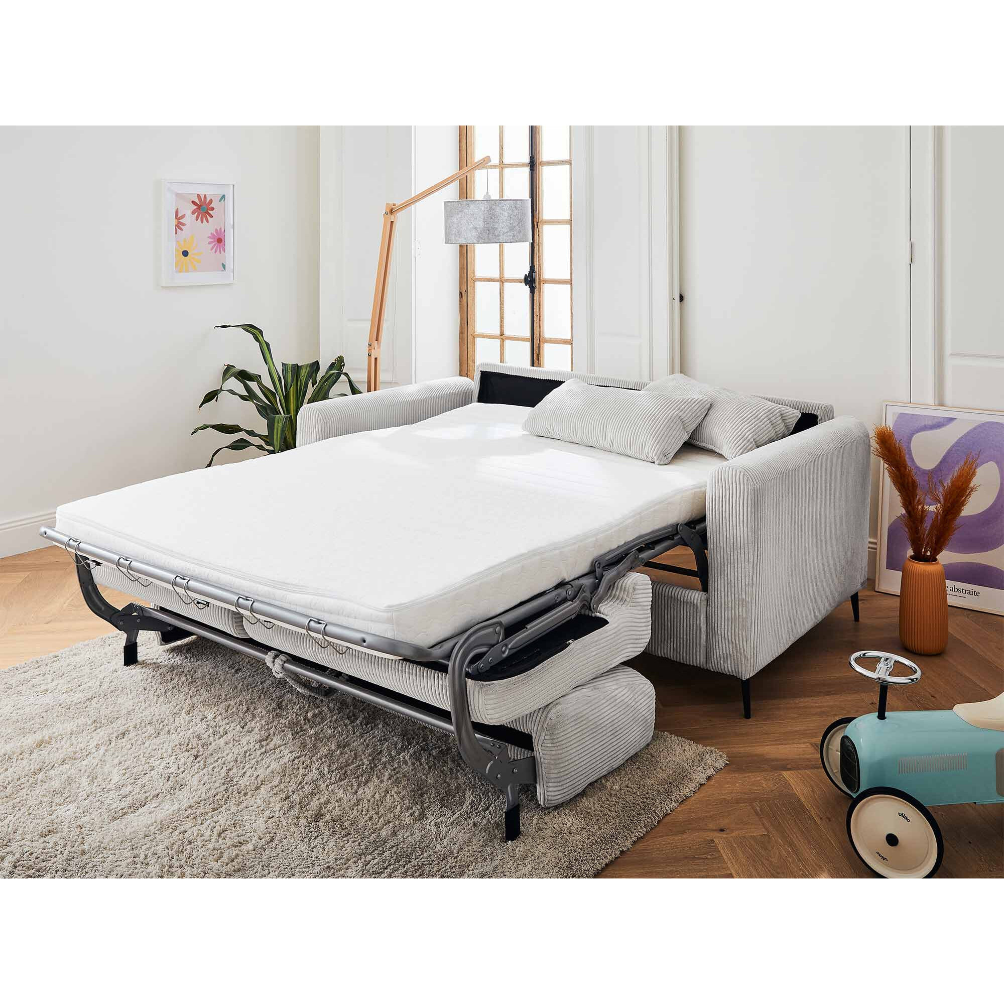 Owen - canapé lit 3 places convertible express couchage quotidien 140 cm matelas 12 cm en velours côtelé - Gris clair
