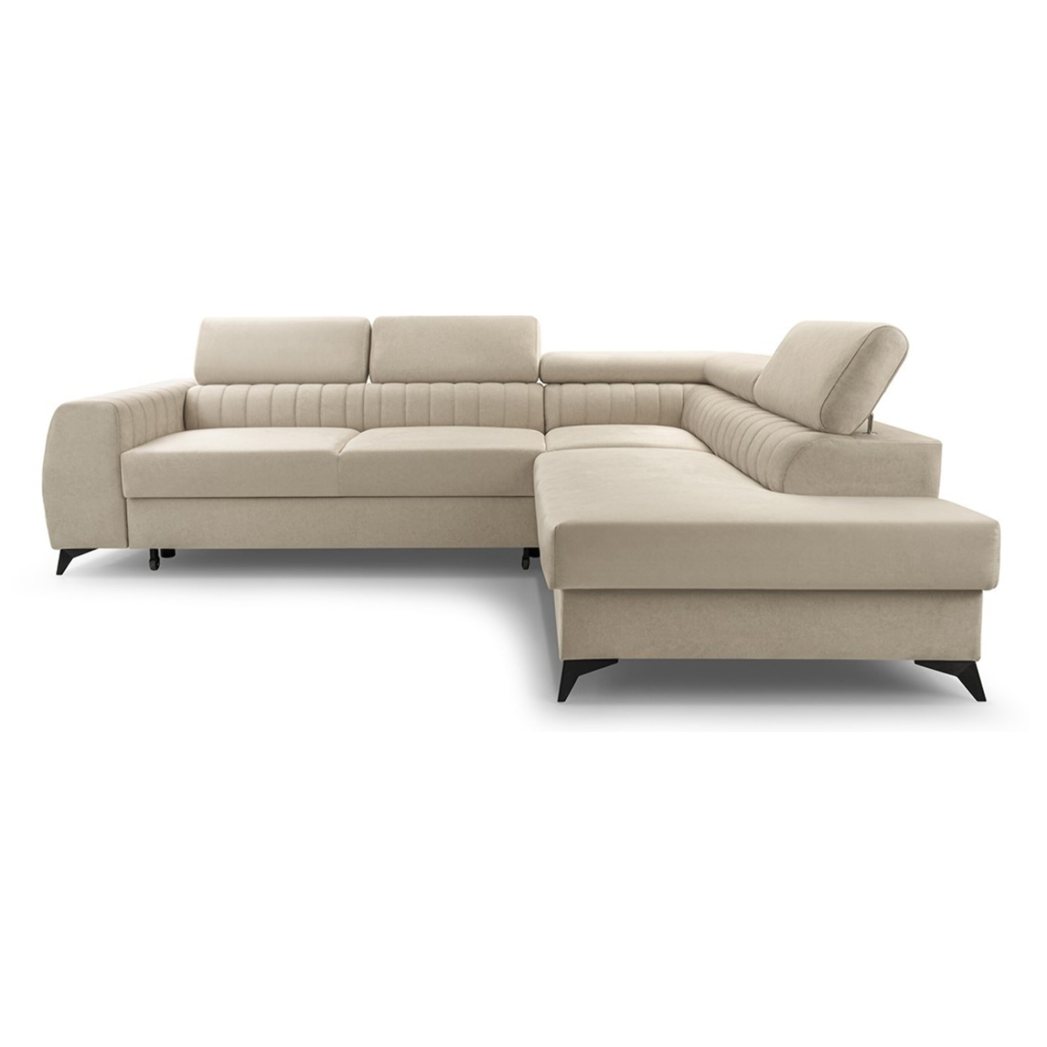 Aneta - canapé d'angle droit 5 places - convertible avec coffre et têtières - en velours - Beige