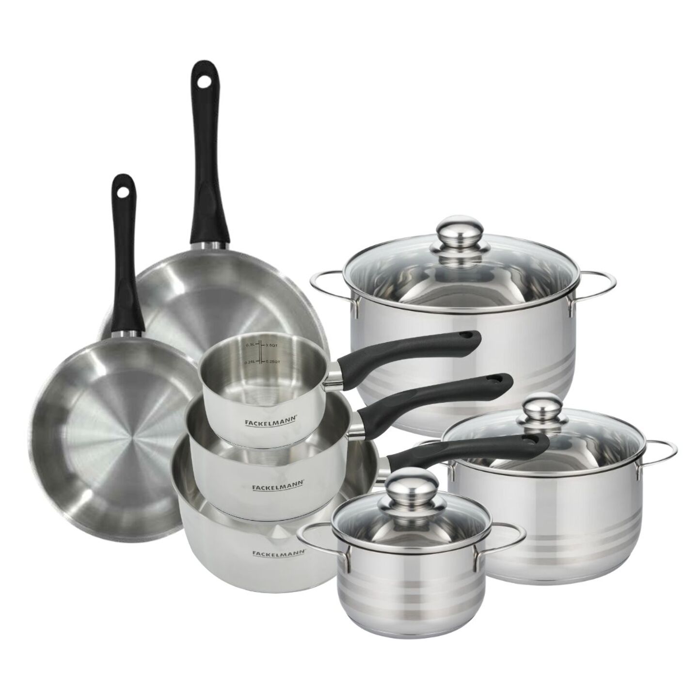 Set de 2 poêles, 3 casseroles 12 16 20 cm et 3 faitouts 16, 20 et 24 cm en inox Fackelmann Geneva