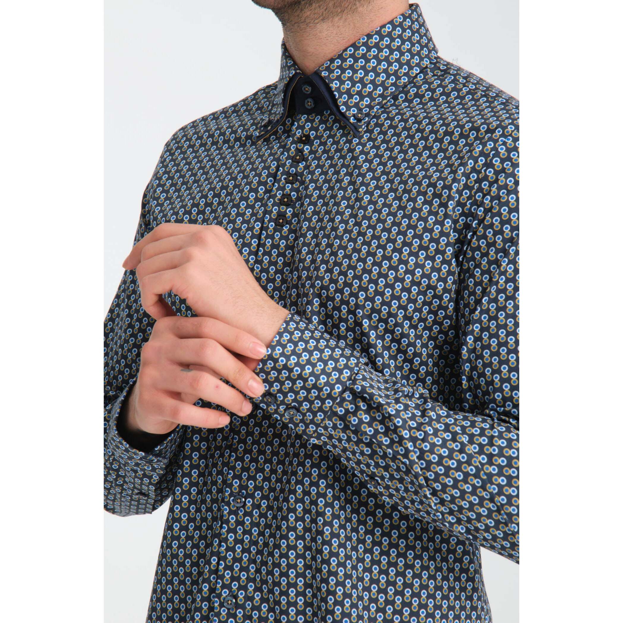 Camicia Uomo 2 Bottoni Button Down 7bottoni Doppio Coll Popeline Stretch Stampato Blu e Ocra