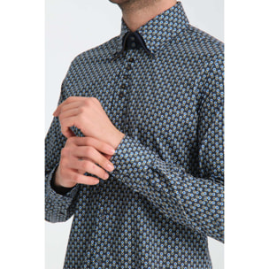 Camicia Uomo 2 Bottoni Button Down 7bottoni Doppio Coll Popeline Stretch Stampato Blu e Ocra