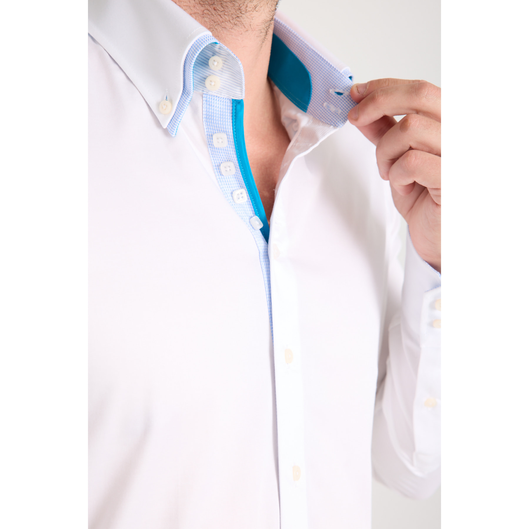 Camicia Uomo 2 Bottoni Button Down 7bottoni Doppio Coll Satin Unito Bianco