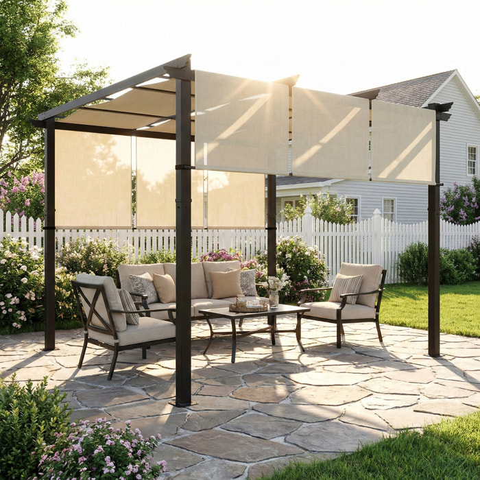 Pérgola de Jardín 3x3 m Cenador para Exterior con Techo Retráctil Marco de Acero Impermeable y Anti-UV para Terraza Patio Beige