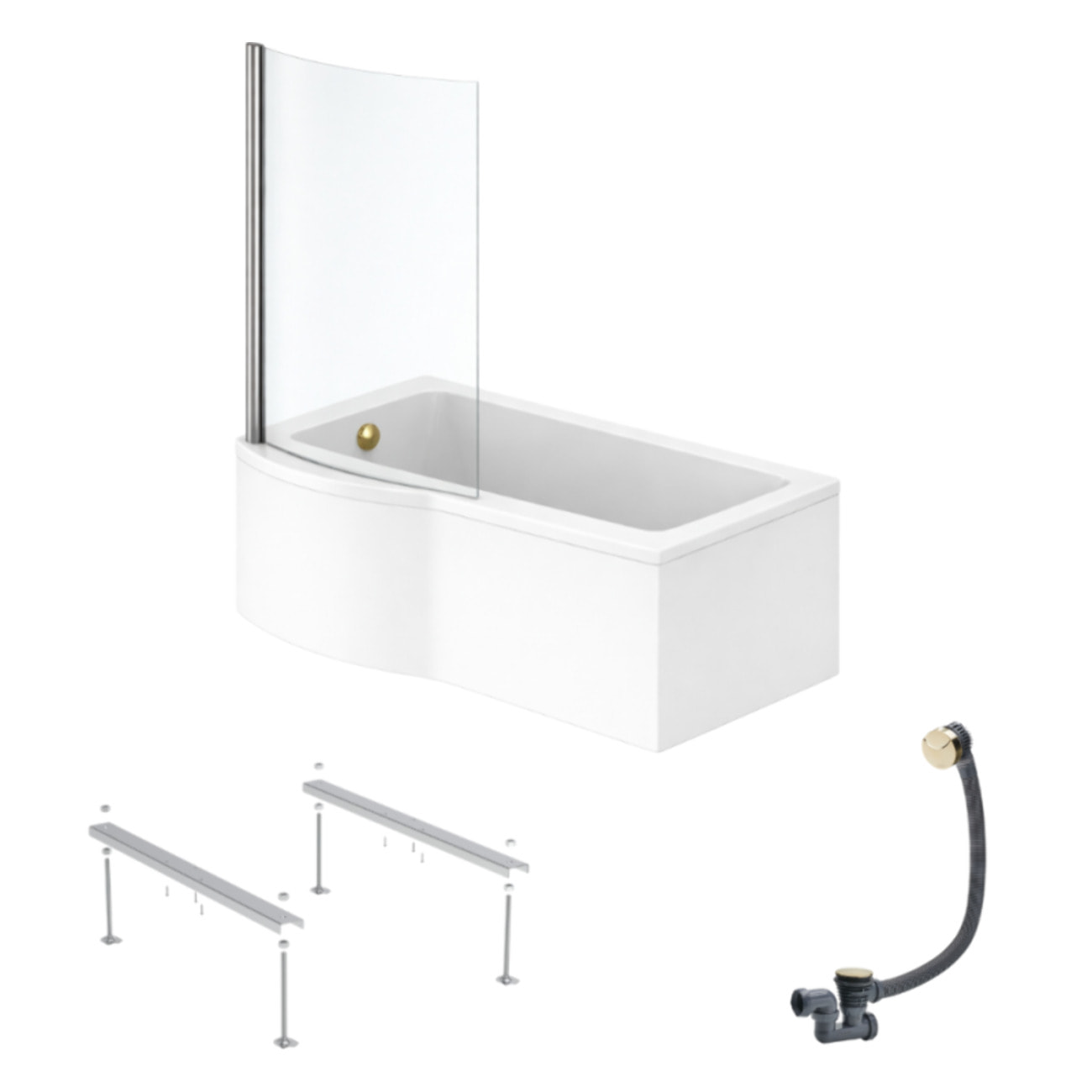 Pack baignoire bain douche 150 x 80 cm gauche Connect Air + tablier + pare bain fixe  + pieds + vidage Doré