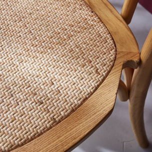 Lot de deux chaises vintage en bois avec assise en rotin et dossier arrondi coloris naturel