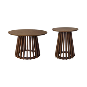 Set de 2 tables basses rondes plateau effet bois noyer et pieds en bois de sapin. Ø40cm et Ø60cm