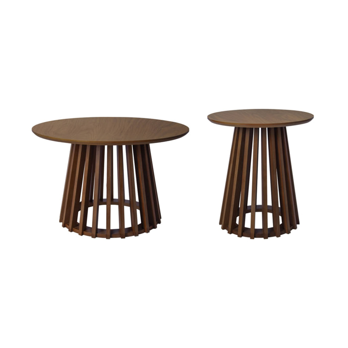 Set de 2 tables basses rondes plateau effet bois noyer et pieds en bois de sapin. Ø40cm et Ø60cm