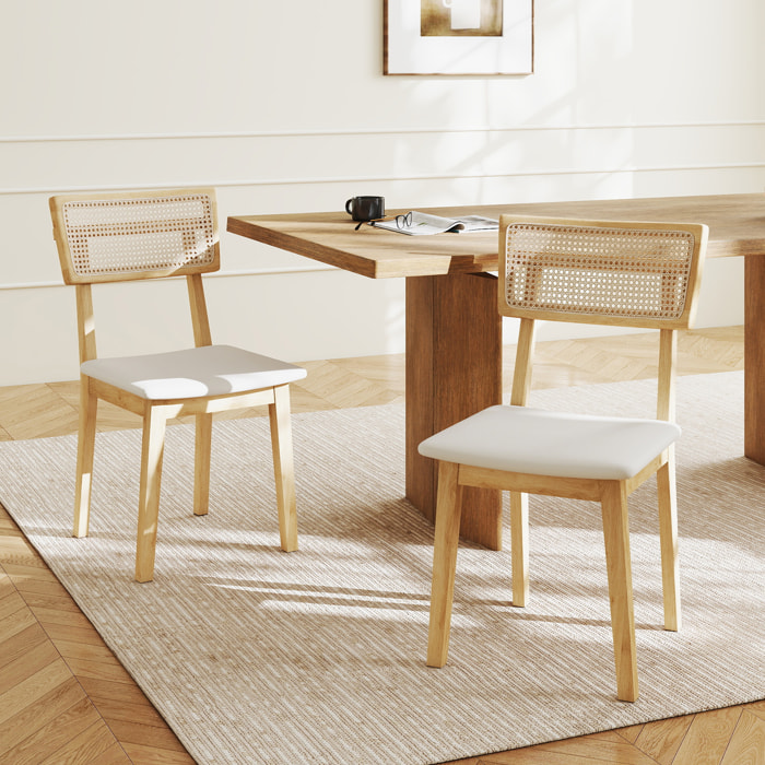 Lot de 2 chaises de salle à manger, chaises de cuisine modernes avec dossier effet rotin, cadre en bois d'hévéa, pour salon, chambre, cuisine, effet bois naturel