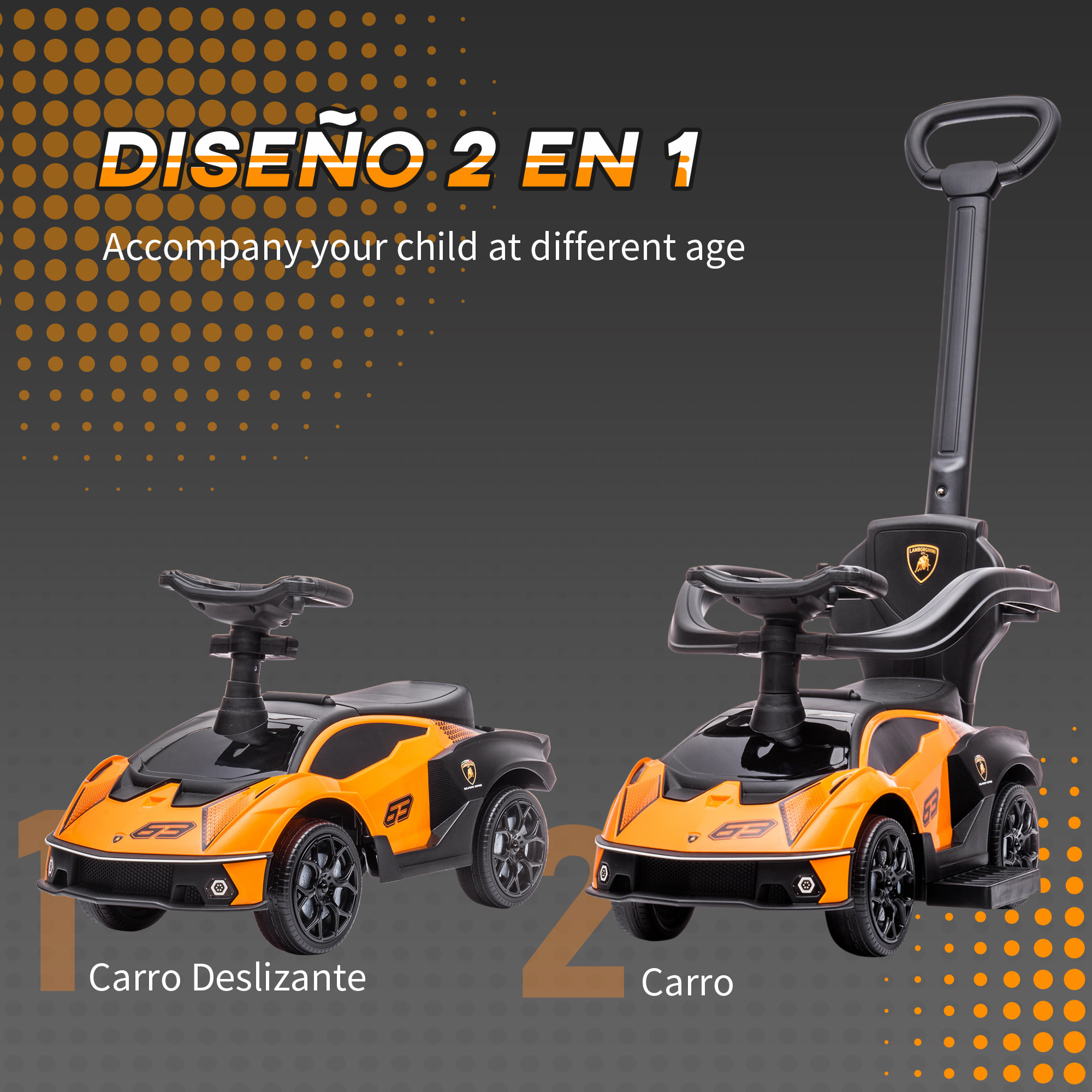 2 en 1 Coche Correpasillos para Niños 12-36 Meses Lamborghini Essenza SCV12 Andador Empujador con Bocina Mango de Empuje y Barandilla Extraíbles 86,5x40x89,5 cm Naranja y Negro