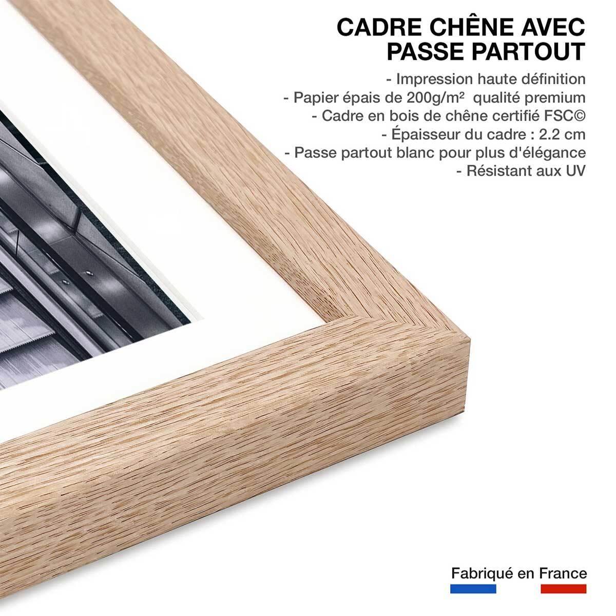Affiche noir et blanc clic clac escalators Affiche + cadre en bois - Chêne
