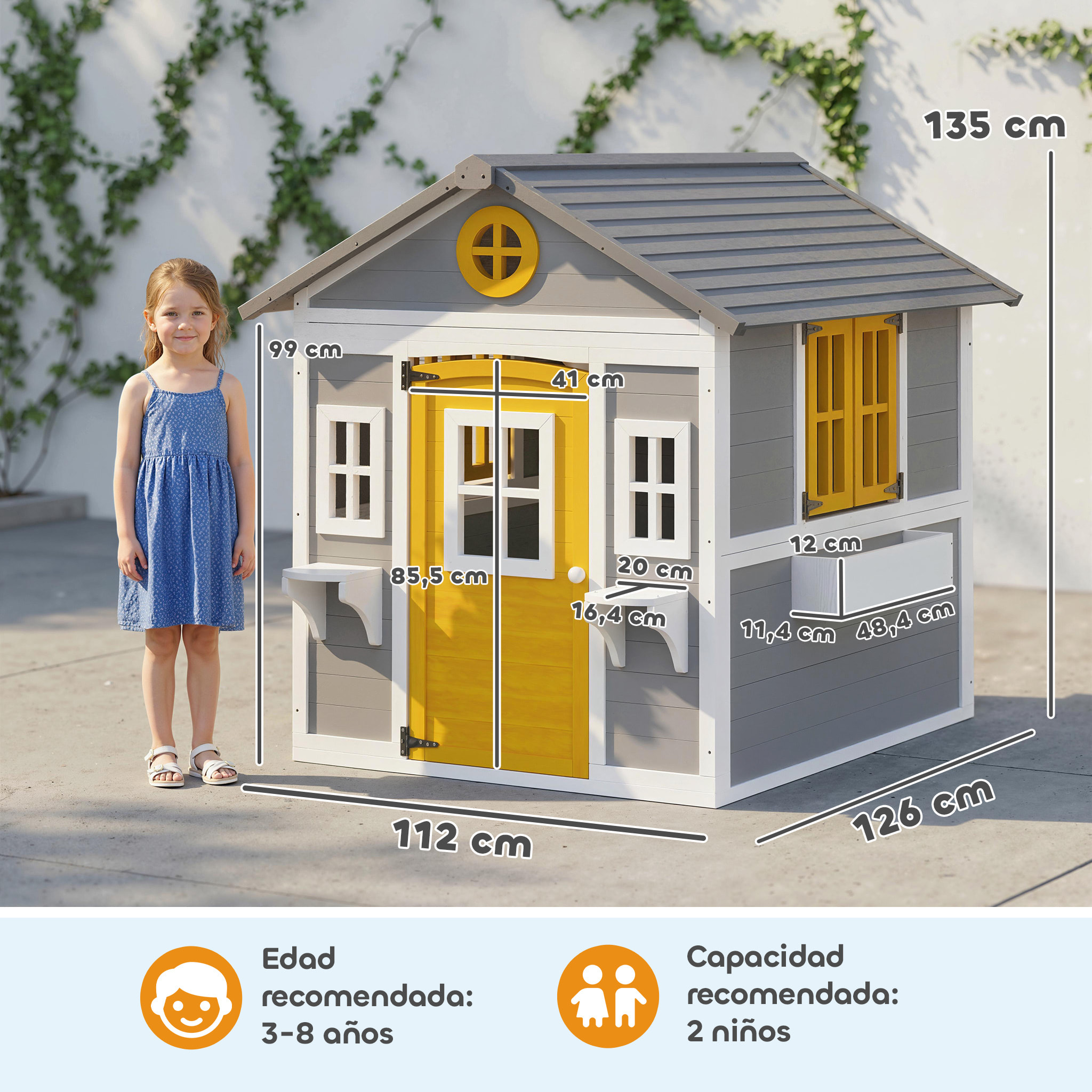 Casita Infantil Exterior e Interior de Madera, Casita Infantil con Puerta, Ventanas, Jardineras y Soportes de Flores, Casa de Jardín para Niños de 3-8 Años, Gris