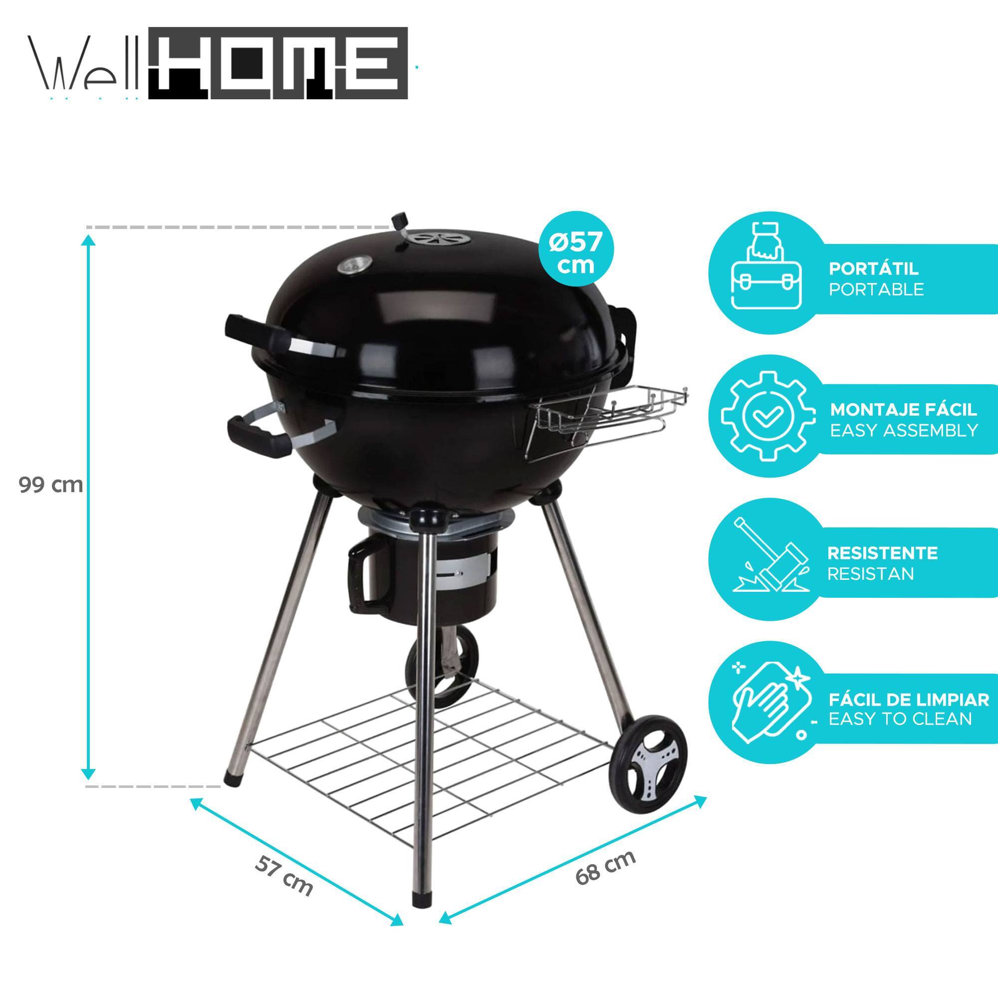 Well home - barbacoa de carbón h.99cm en 4 patas y ruedas