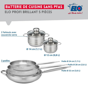 Ensemble de 3 Poêles de cuisson 24, 28 et 32 cm et 2 faitouts 12 et 14 cm Elo Profi Brillant