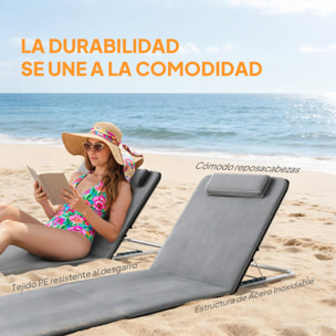 Conjunto de 2 Esterillas de Playa Plegables, Esterillas con Respaldo Reclinable en 5 Niveles, Reposacabezas y Bolsa de Transporte, 134x48x33-43 cm, Gris