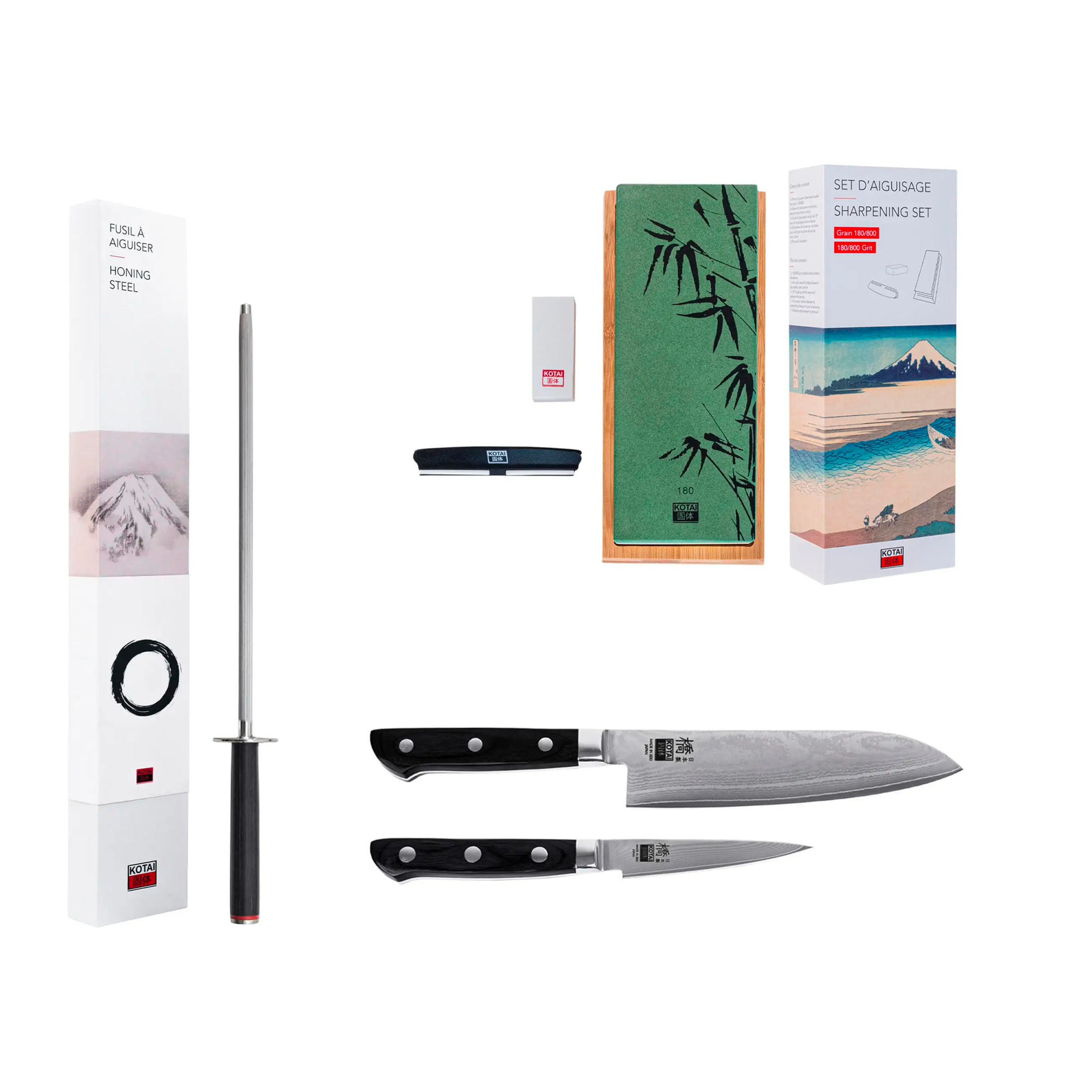 Set Hashi Damas de Base Deluxe: 2 cuchillos (de pelar 9cm + santoku 18cm) + set de afilado grano 180/800 + afiladora