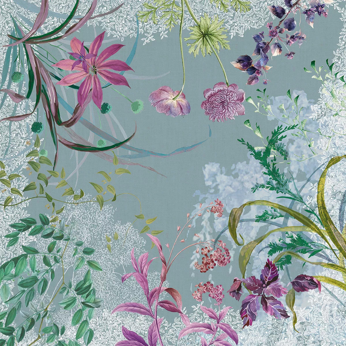 Serviette lin & coton lavé 150 g/m² imprimé bleu violet Ombres boisees givre