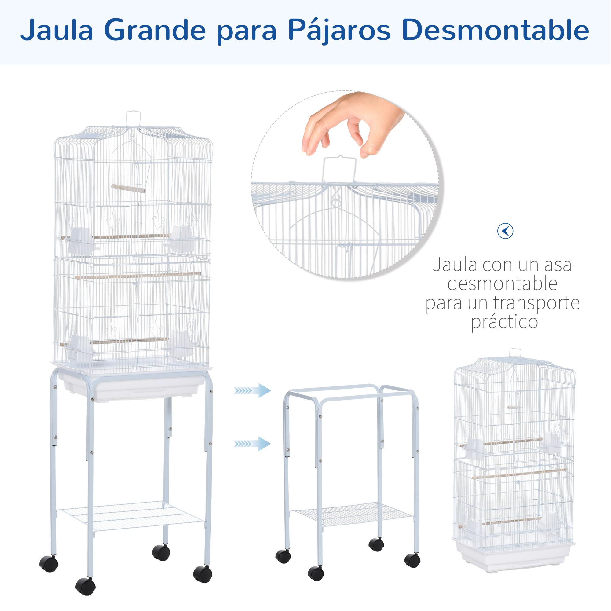 Jaula para Pájaros con Ruedas 46,5x36x157 cm Jaula Metálica de Aves con Puertas 4 Comederos 3 Perchas Bandeja Extraíble y Estante de Almacenaje para Canarios Periquitos Blanco