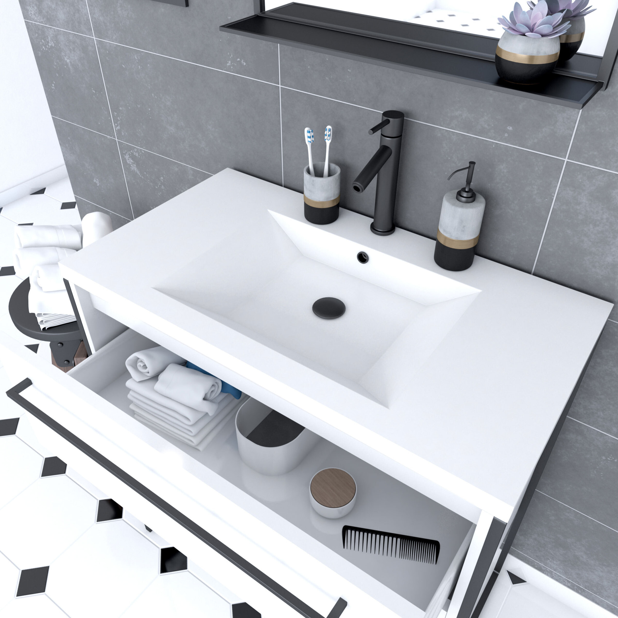 Pack meuble de salle de bain 80x50cm Blanc - 2 tiroirs blanc - vasque blanche + miroir noir mat