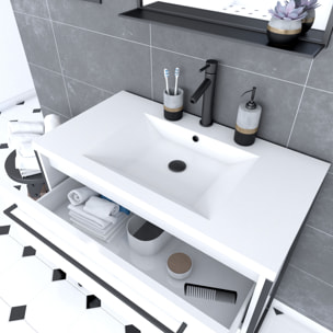 Pack meuble de salle de bain 80x50cm Blanc - 2 tiroirs blanc - vasque blanche + miroir noir mat