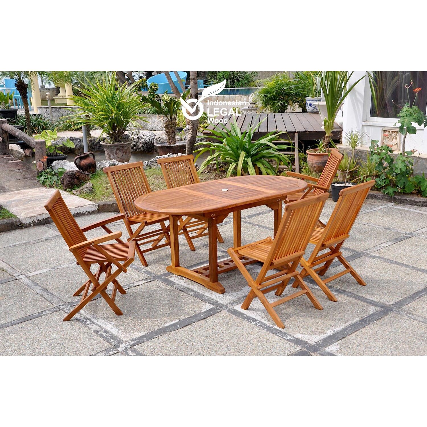 Salon de jardin Teck huilé 6 pers - Table ovale 4 chaises 2 fauteuils NARRA