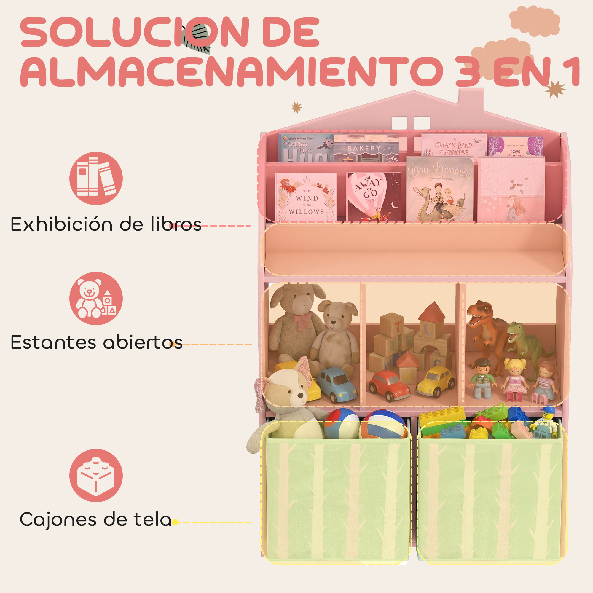 Estantería Infantil para Juguetes con Cajones de Tela, Estantes Abiertos, Diseño de Zorros, Organizador de Juguetes para Dormitorio, Sala de Juegos, Guardería, Rosa