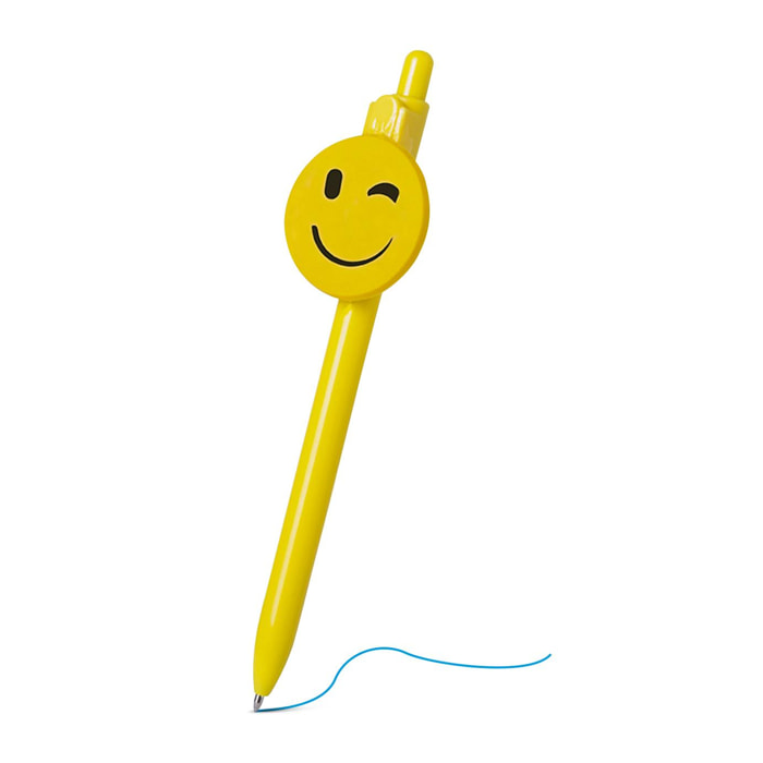 Bolígrafo Fricum diseño emoji guiño. Con mecanismo pulsador y tinta azul.