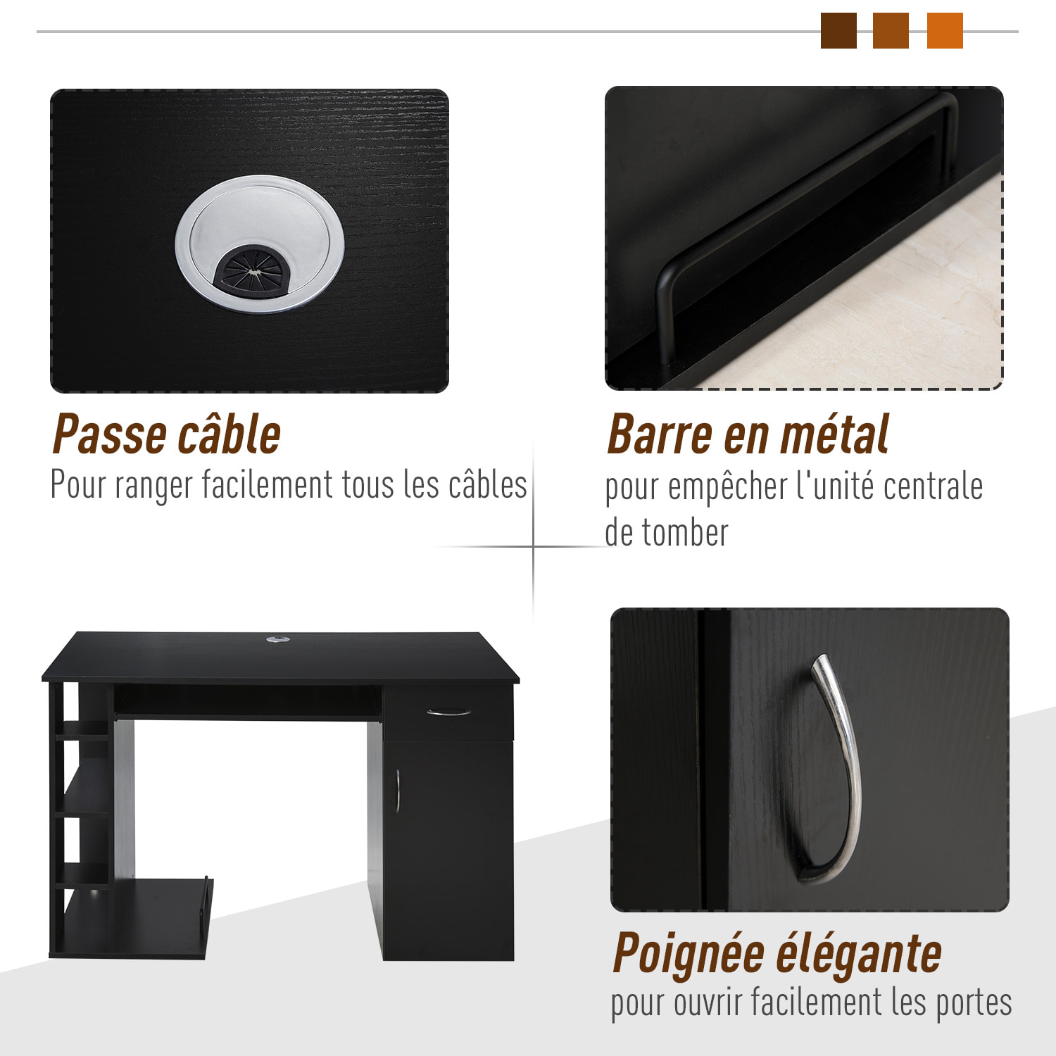 Bureau informatique multimédia multi-rangements avec étagère tiroir tablette clavier MDF 120 x 60 x 74 cm noir