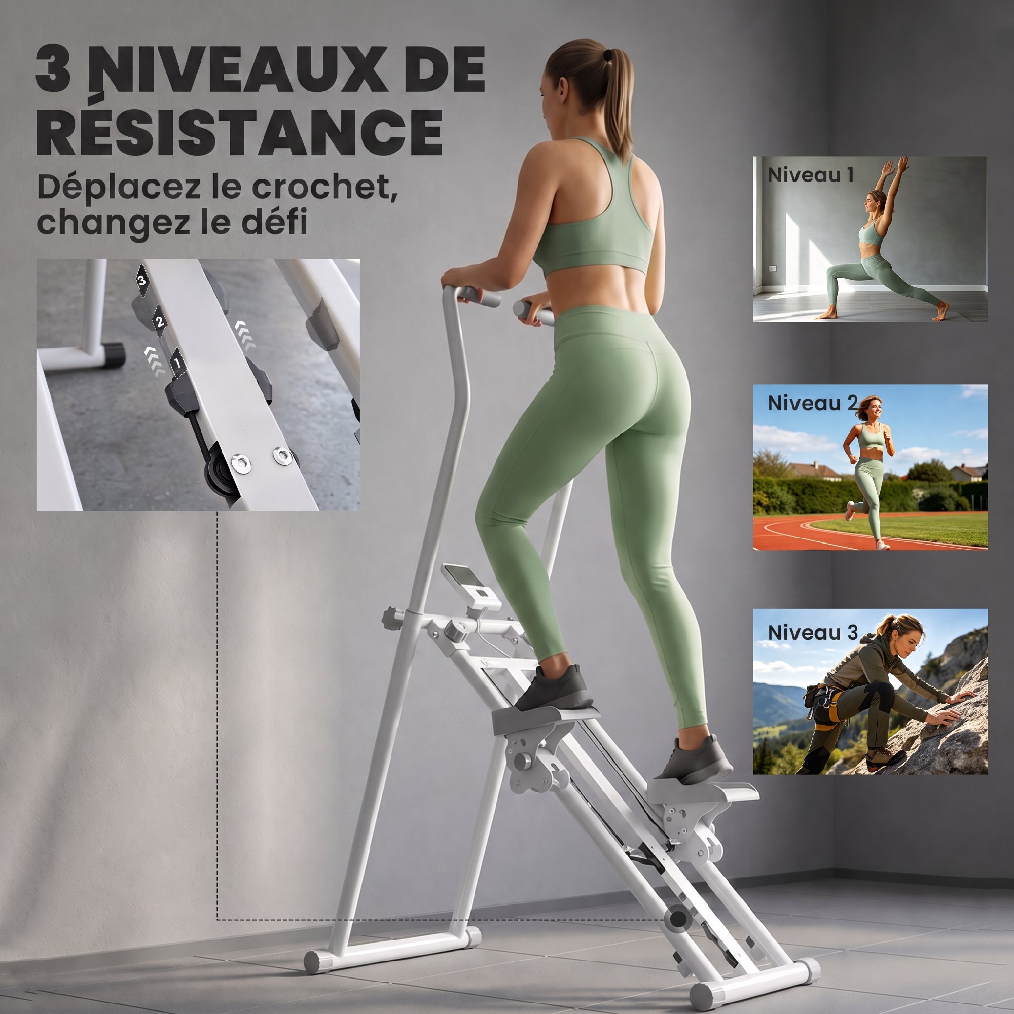 Stepper d'escalier pliable réglable - climber step - écran LCD multifonction acier gris blanc