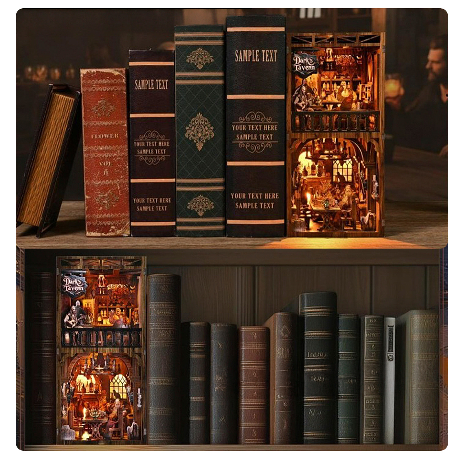 Bar antiguo. Book Nook de madera, diseño 3D realista con gran detalle, cubierta y luces led.