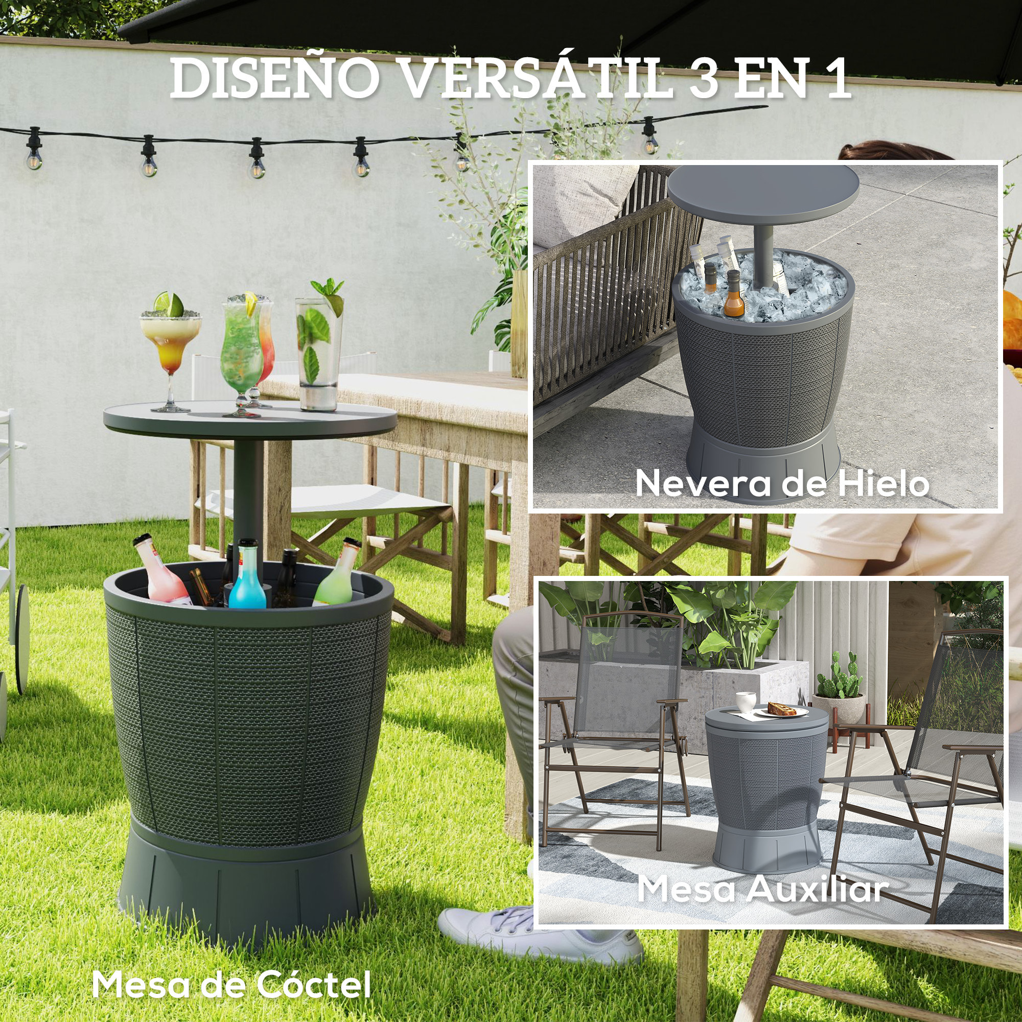 Mesa Nevera para Exterior 41 L 3 en 1 Cool Bar Mesa Auxiliar con Altura Ajustable 58-84 cm Cubo de Hielo Tapa Superior Elevable para Fiesta Piscina Jardín Patio Gris
