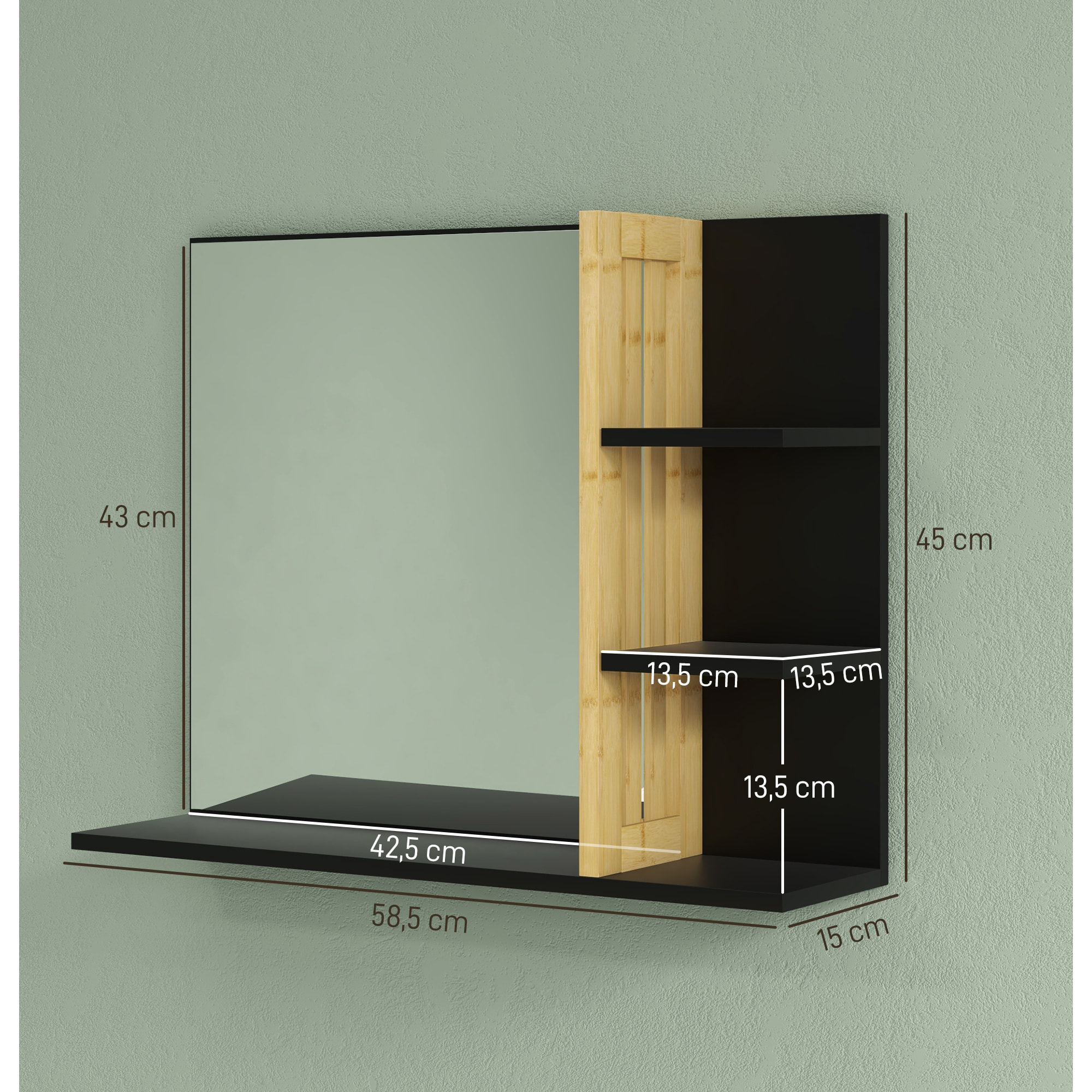 Miroir mural salle de bain - étagères - MDF noir bambou verni