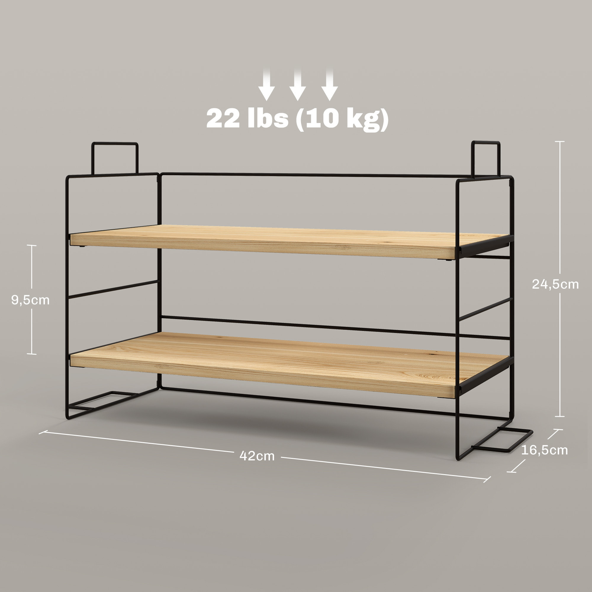 Organisateur de bureau, étagère de rangement de bureau à 2 niveaux, 42l x 16,5P x 24,5H cm, étagère en bois et structure métal noir