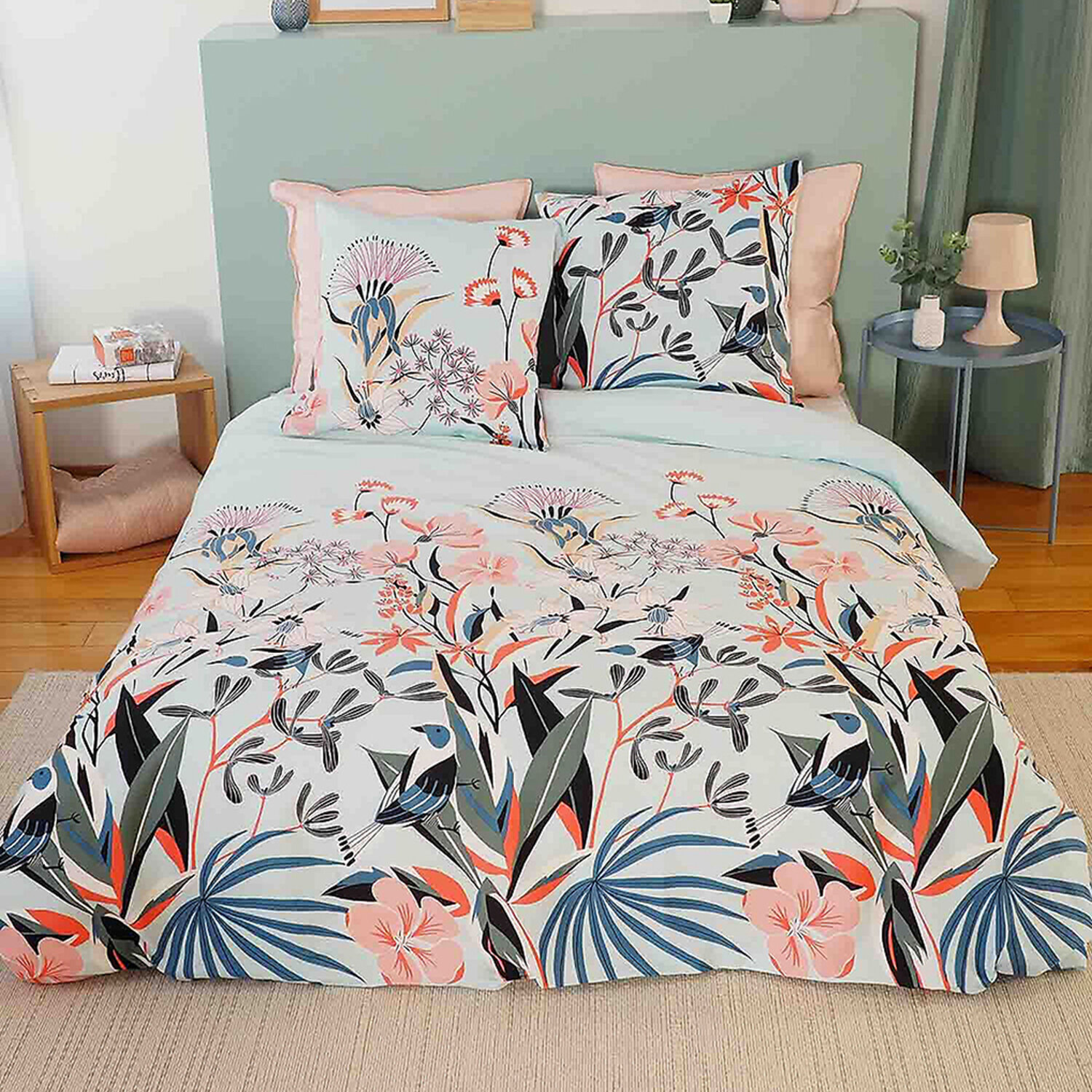Parure housse de couette imprimé 100% satin de coton - paya - rose
