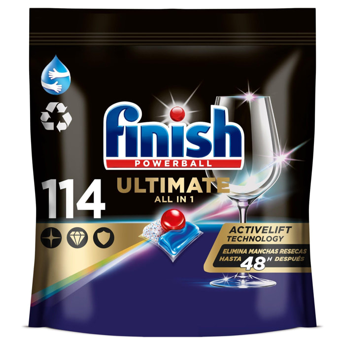 Finish Powerball Ultimate All in 1 pastillas lavavajillas | 114 cápsulas lavavajillas | Eficaz contra manchas resecas | Aroma regular