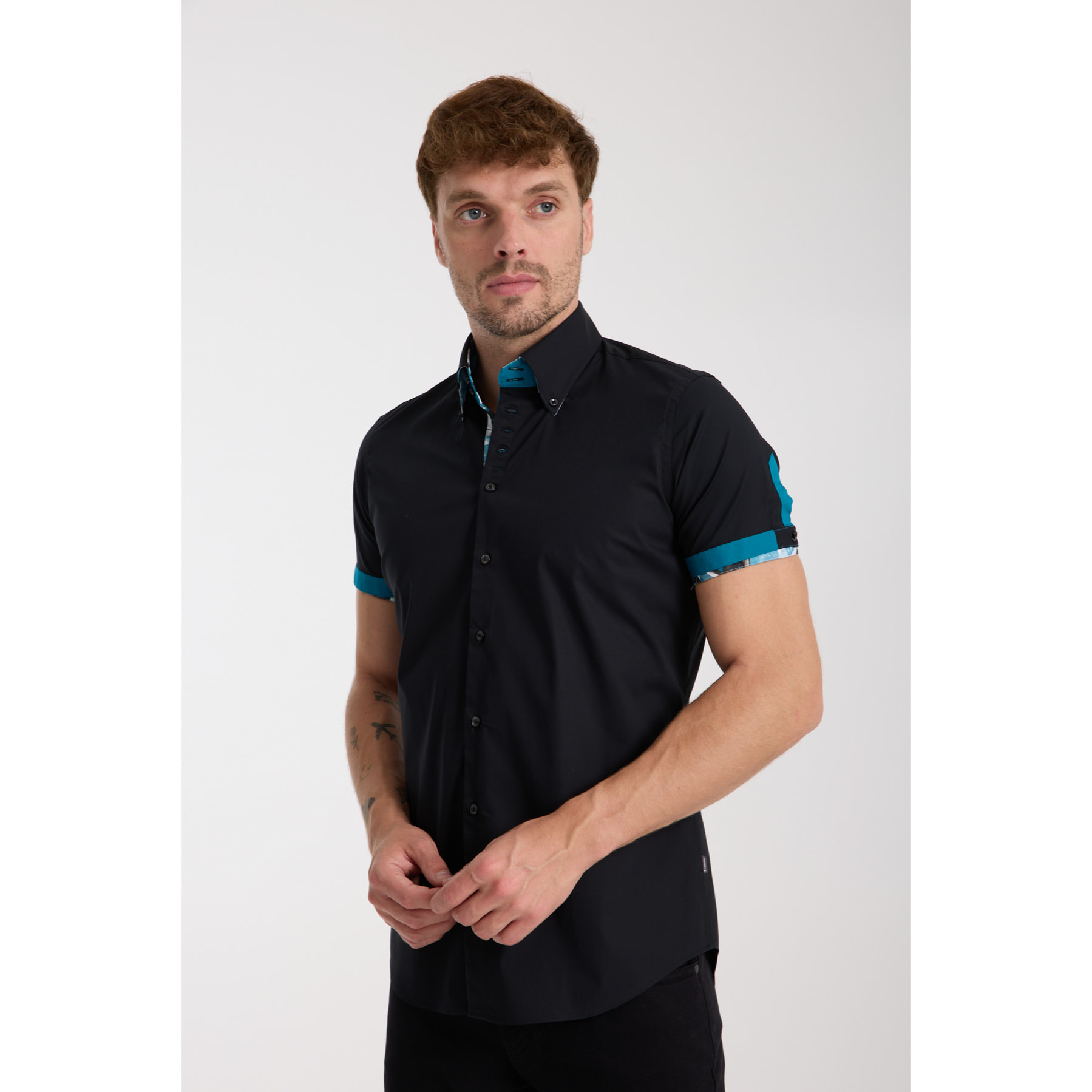 Camicia Uomo Manica Corta 2 Bottoni Button Down 7 Botto Popeline Stretch Unito Nero