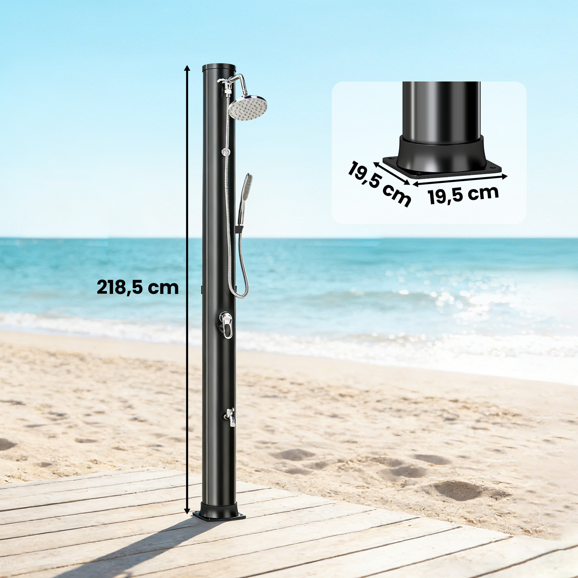 Ducha Solar de Jardín 40L Ducha Solar Exterior con Cabezal Rociador de Mano Grifo de Pies Agua Fría y Caliente Máx. 60 °C Conexión Manguera para Piscina Camping Patio 19,5x19,5x218,5 cm Negro