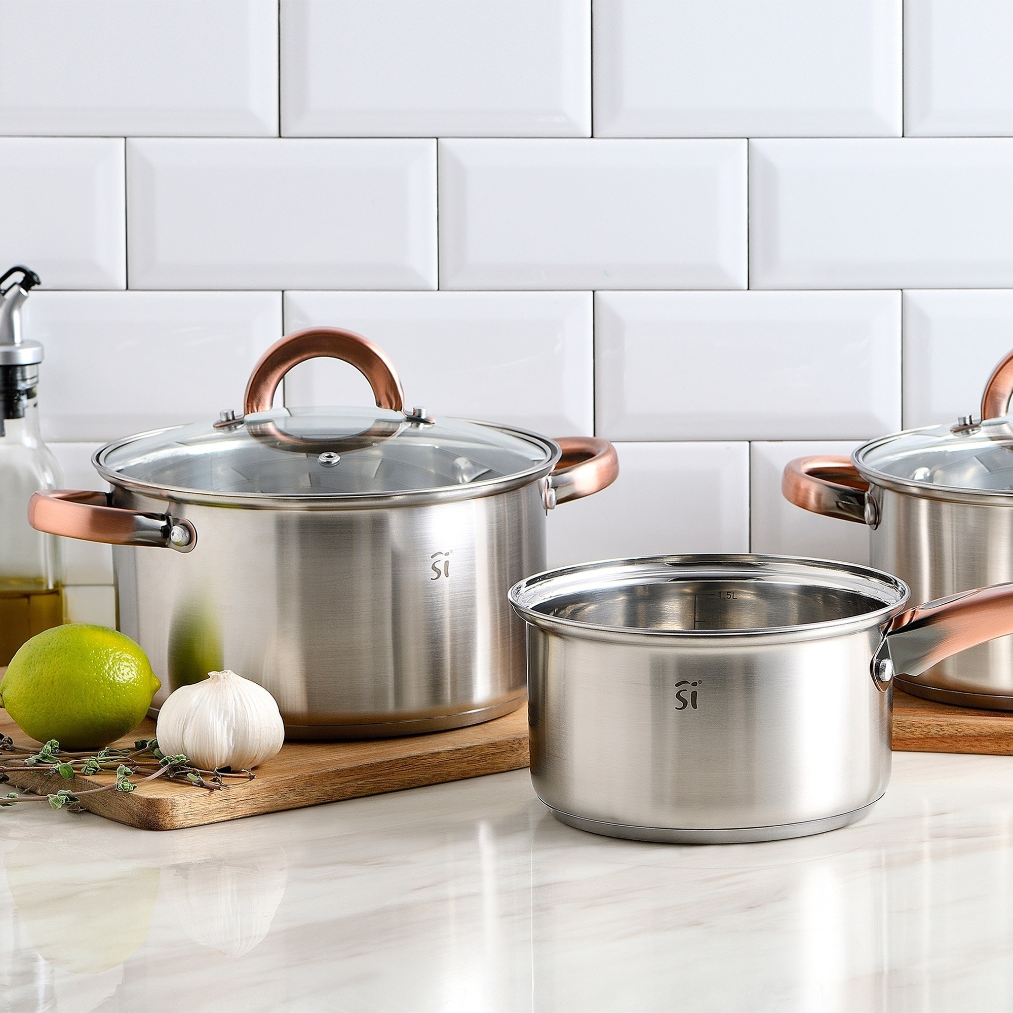 Batería de cocina 10pc en acero inox 2xø16cm 2xø18cm 2xø20cm con tapas san ignacio