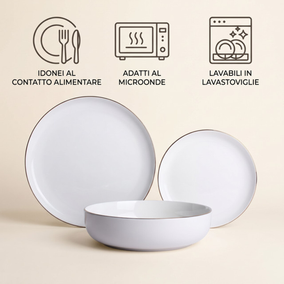 Servizio piatti 18 pezzi bordo dorato in porcellana - Bianco / Oro