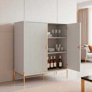 Credenza Mobile Contenitore 2 Ante Cannettate E Piedini Oro Madia Moderna con Ripiani Interni E Chiusura Soft Close 103.6 x 124 x 39.6 Cm Grigio