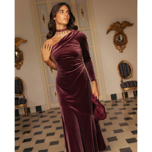 Vestido midi con escote asimétrico, frunce lateral y volante en el bajo