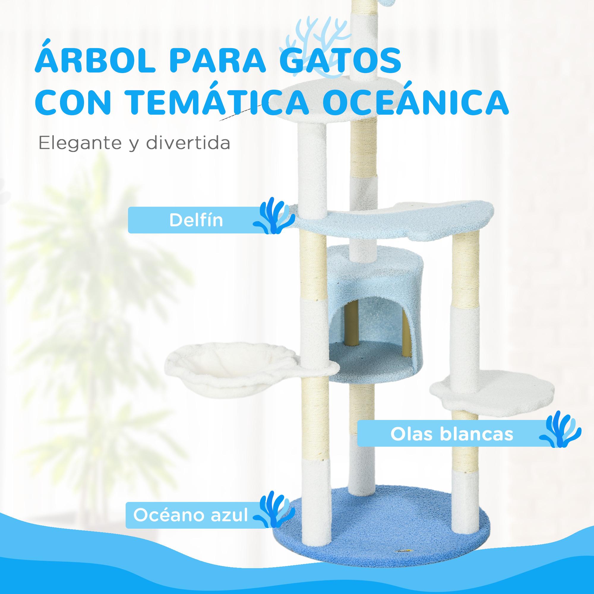 Árbol Rascador para Gatos Grandes de 155 cm Torre para Gatos de Interior con Postes de Sisal Cueva Cama Hamaca y Bola de Juguete Ø54,5x155 cm Blanco y Azul