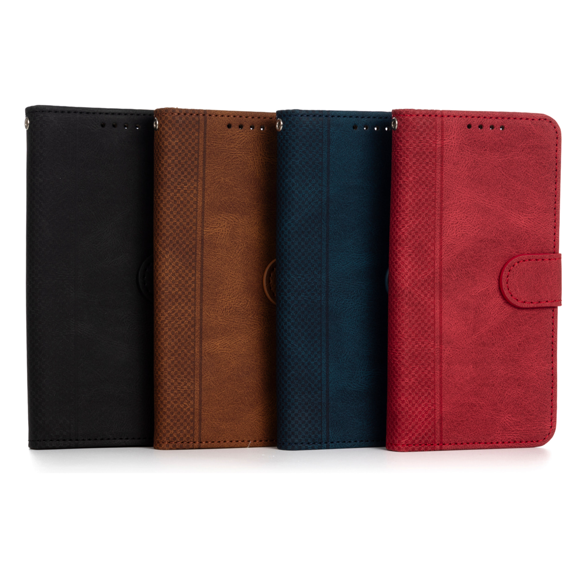 Custodia in similpelle antishock stile libro per iPhone 15. Portacarte interno, cinturino da polso removibile.