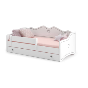 Letto singolo per bambini decorato, Lettino decorato con cassettone e protezione anticaduta per cameretta, cm 164x85h70, colore Bianco e Grigio