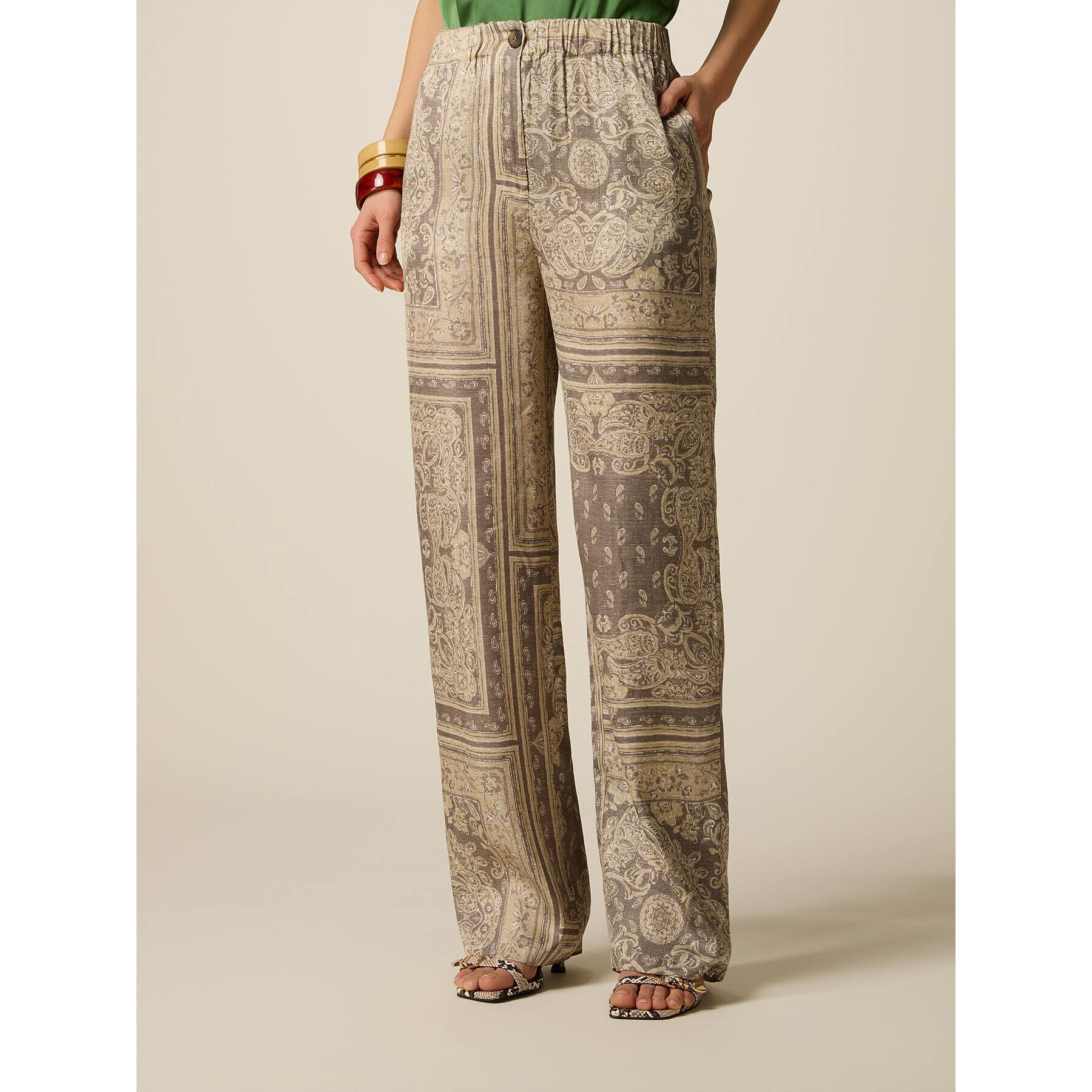 Oltre - Pantalones palazzo de satén estampado - Beige