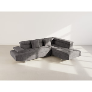 Margaux - Canapé d'angle droit 5 places convertible avec coffre et têtières réglables en velours texturé - Gris