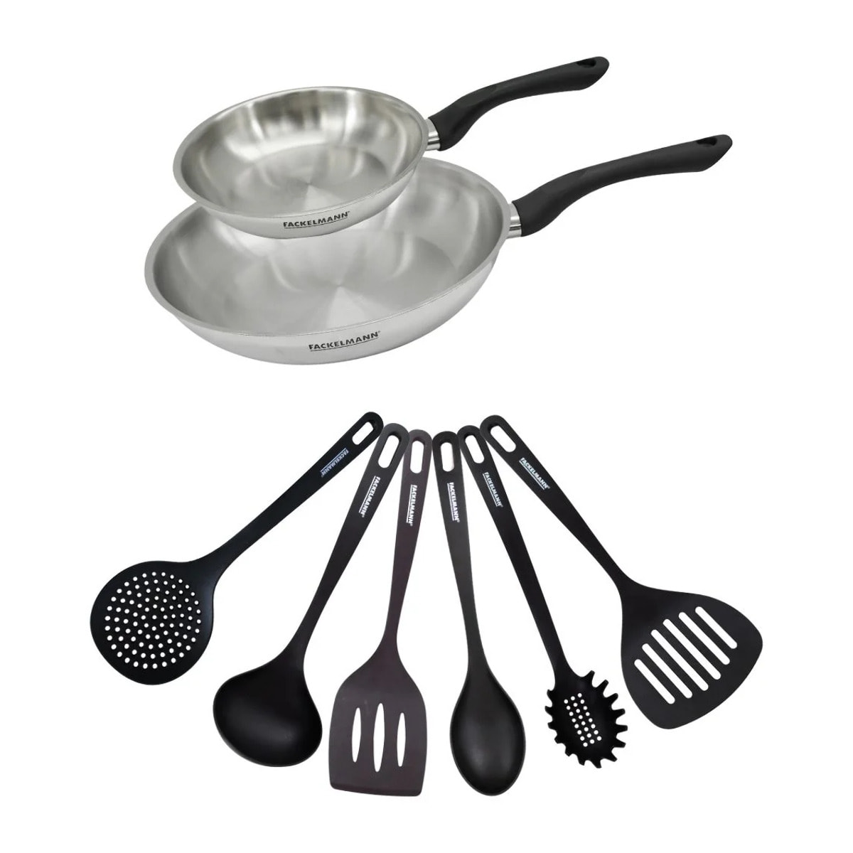 Set 2 poêles en inox et 6 ustensiles RPET Fackelmann Geneva